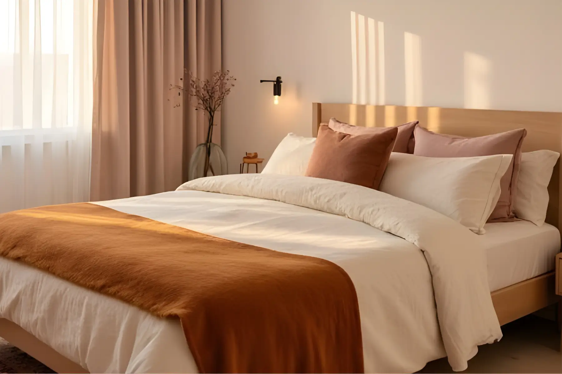 Cozy small apartment bedroom with warm lighting and layered neutral bedding.