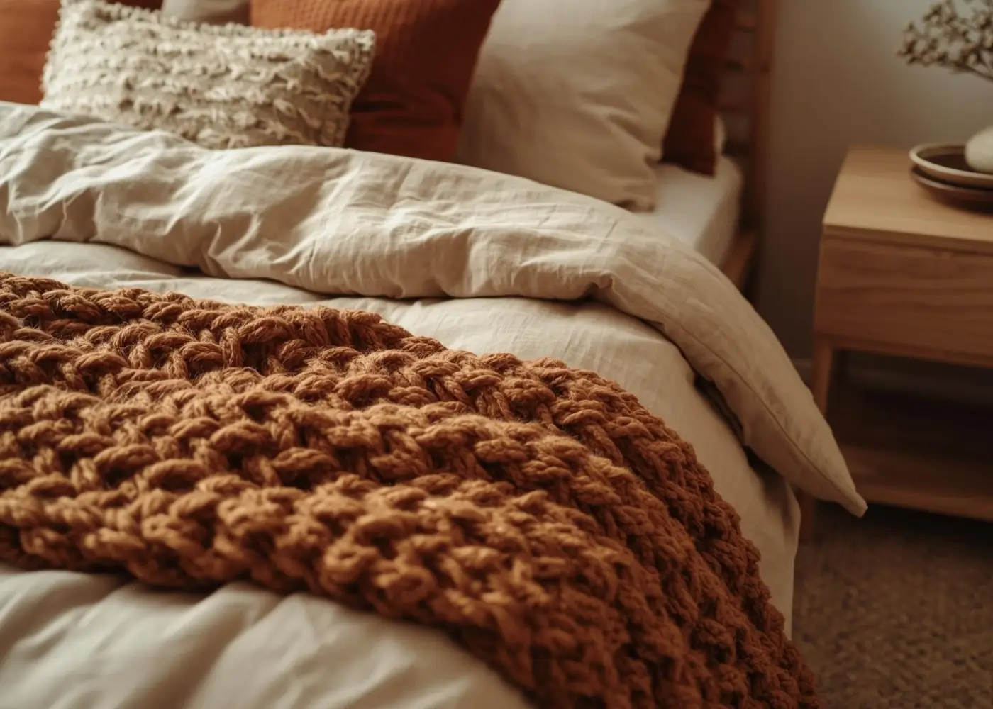 Close up of layered neutral bedding with knit throw and mixed cushions.