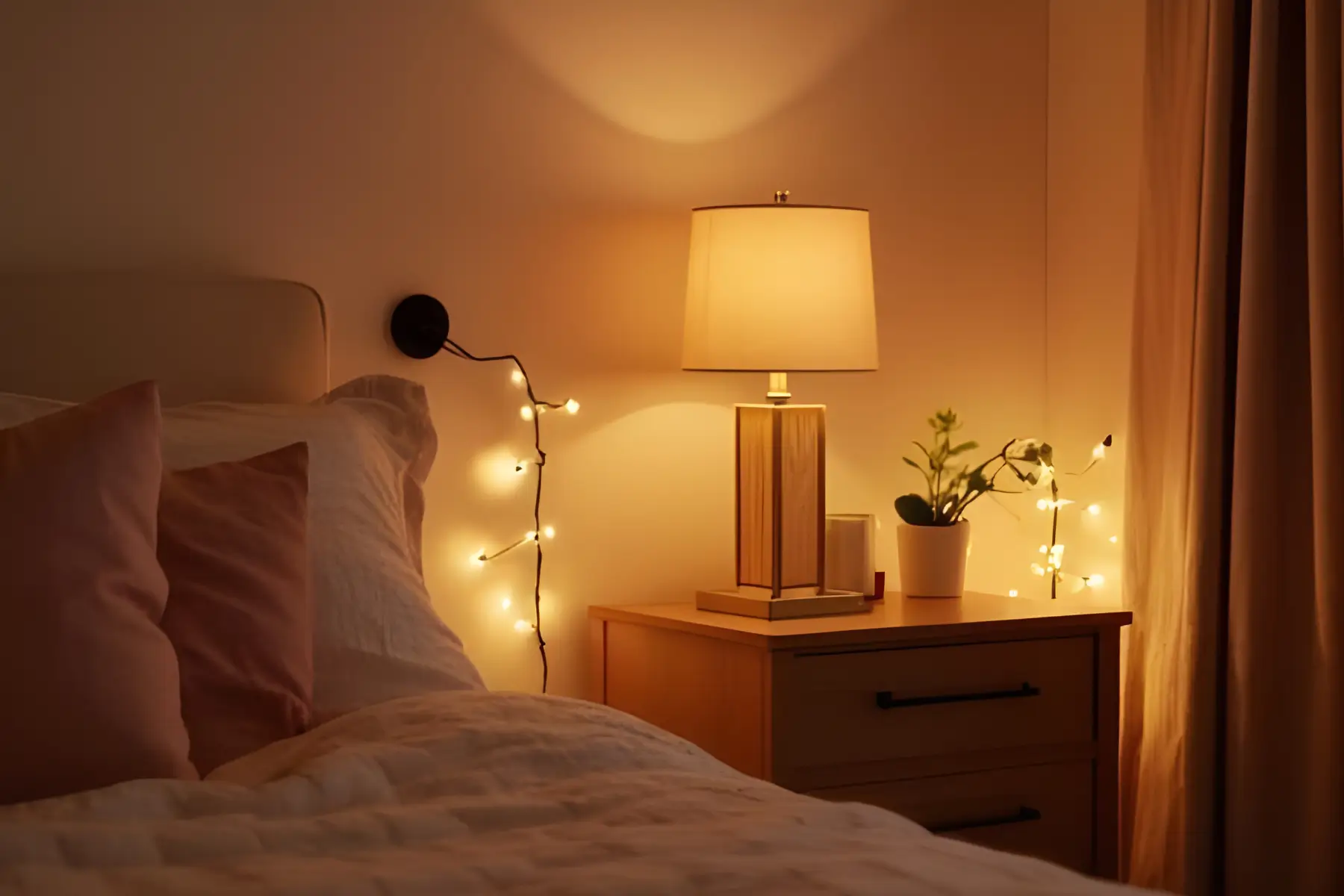 Layered cozy bedroom lighting with a linen bedside lamp and warm string lights.
