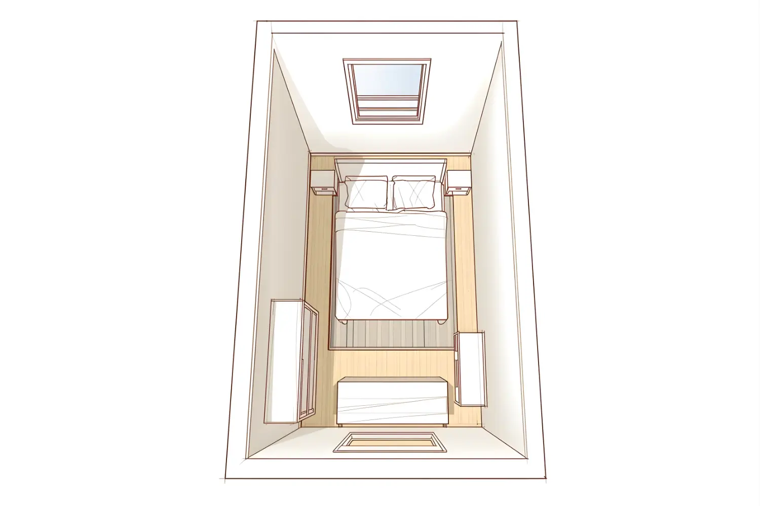 Overhead sketch of a long, narrow small apartment bedroom with a double bed against one long wall, slim bedside tables, a narrow dresser near the door and a rug under the front half of the bed.