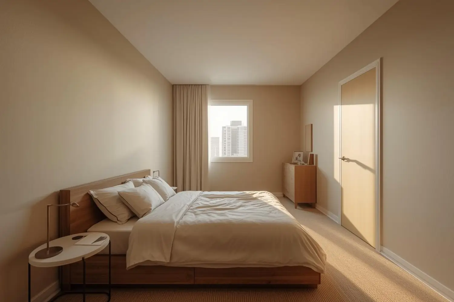 Real small apartment bedroom with a bed against the long wall, light neutral bedding, slim bedside tables and a narrow dresser near the door.