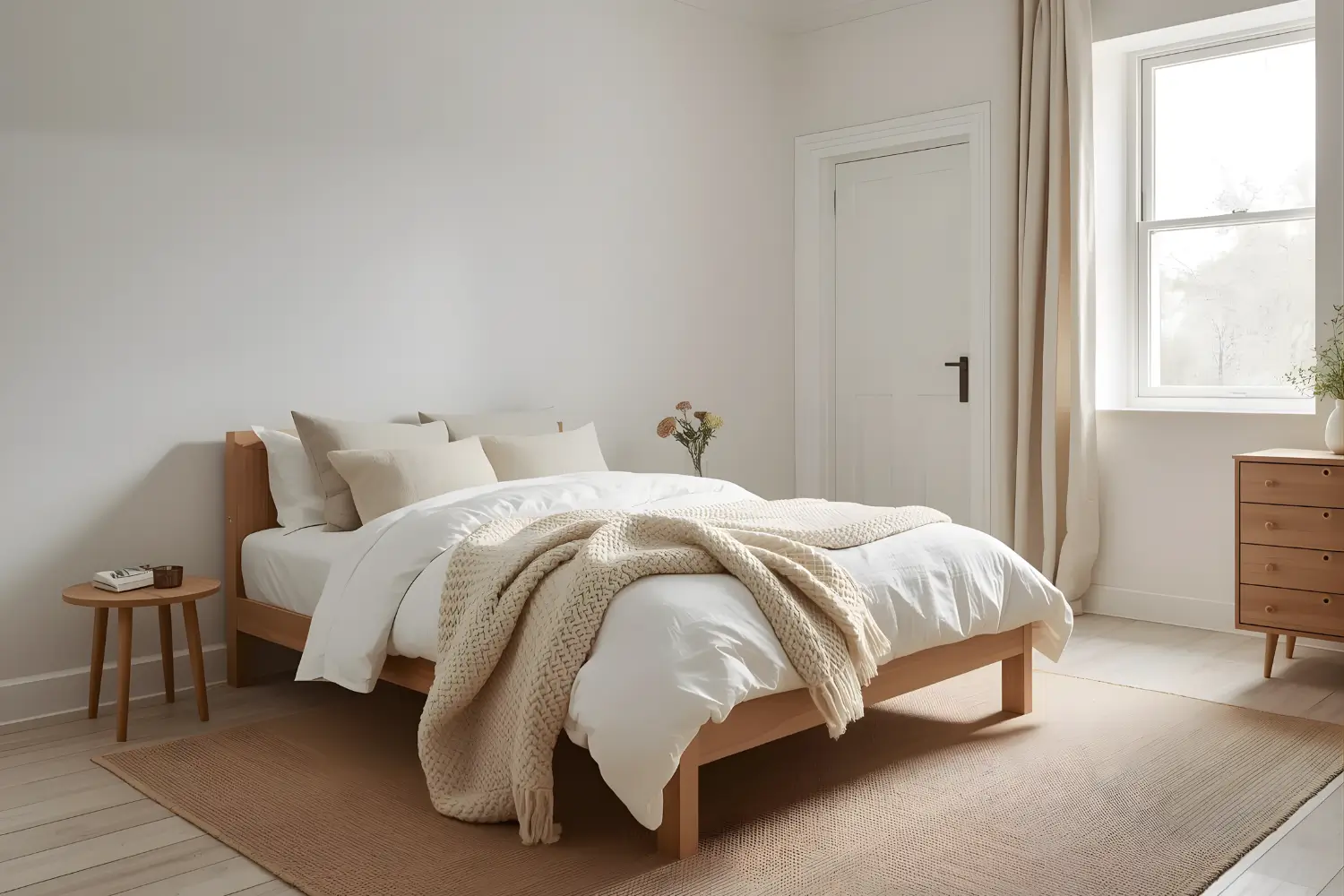 Small narrow bedroom styled as a serene neutral retreat with a low wooden bed, light bedding, slim bedside tables and a narrow dresser.