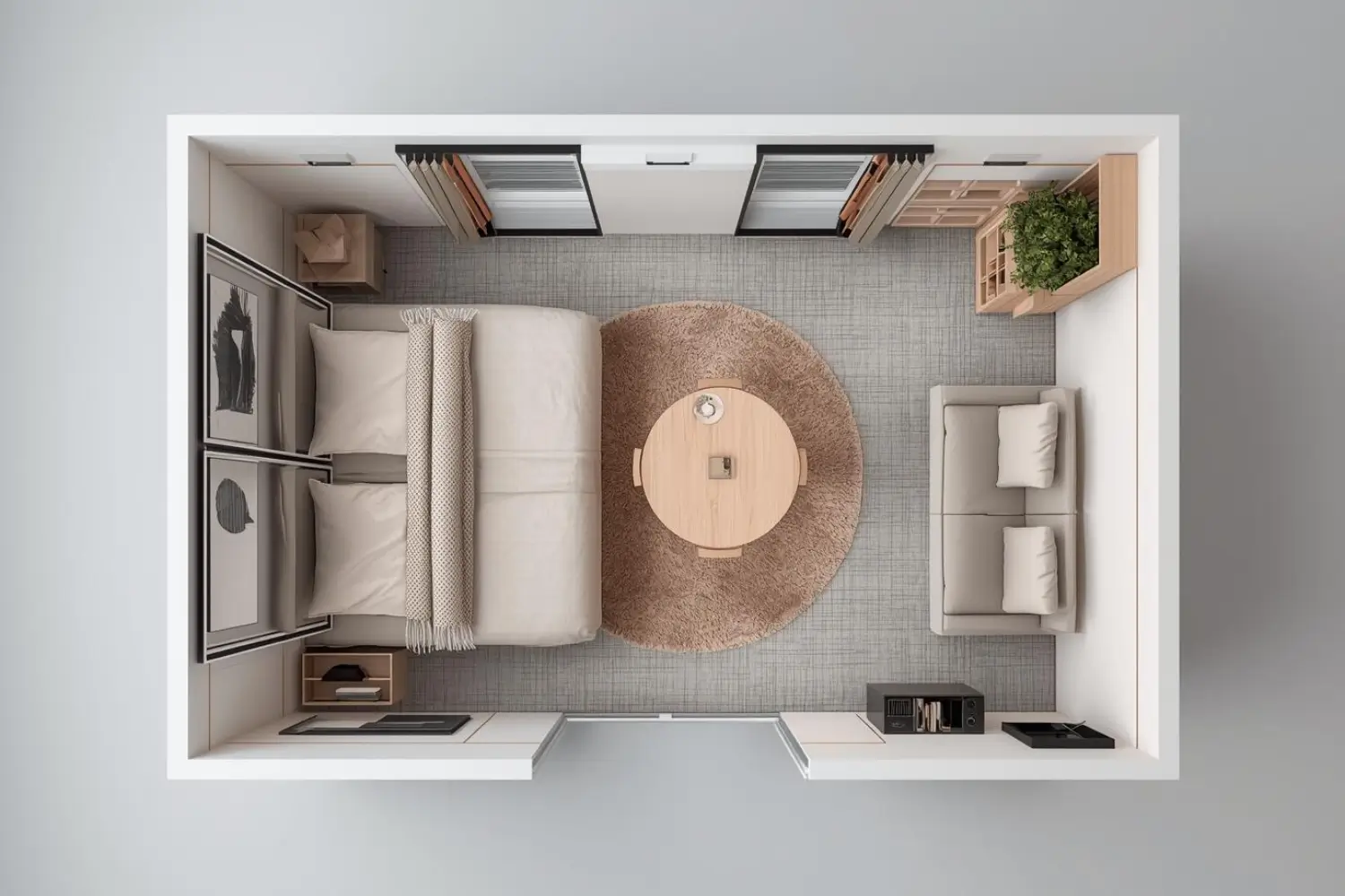 Overhead sketch of a studio apartment with a bed in the corner, rug under the bed and a bookshelf or screen acting as a divider from the living area.