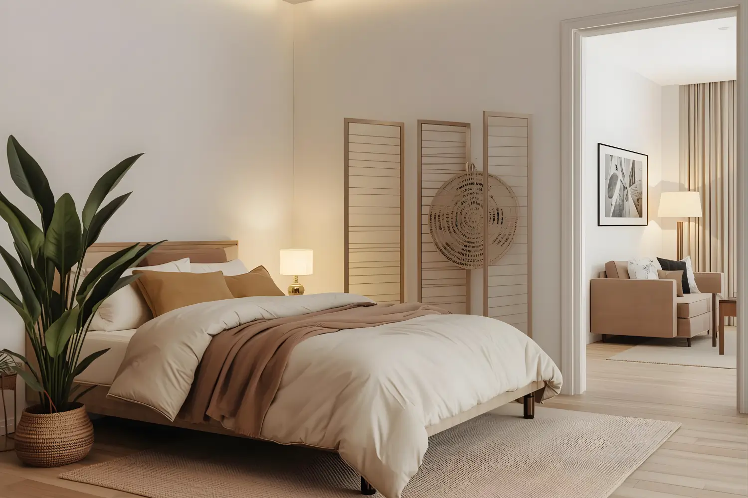 Real studio apartment with a cozy bedroom corner separated by a screen or shelf, soft bedding and a rug defining the sleep zone.