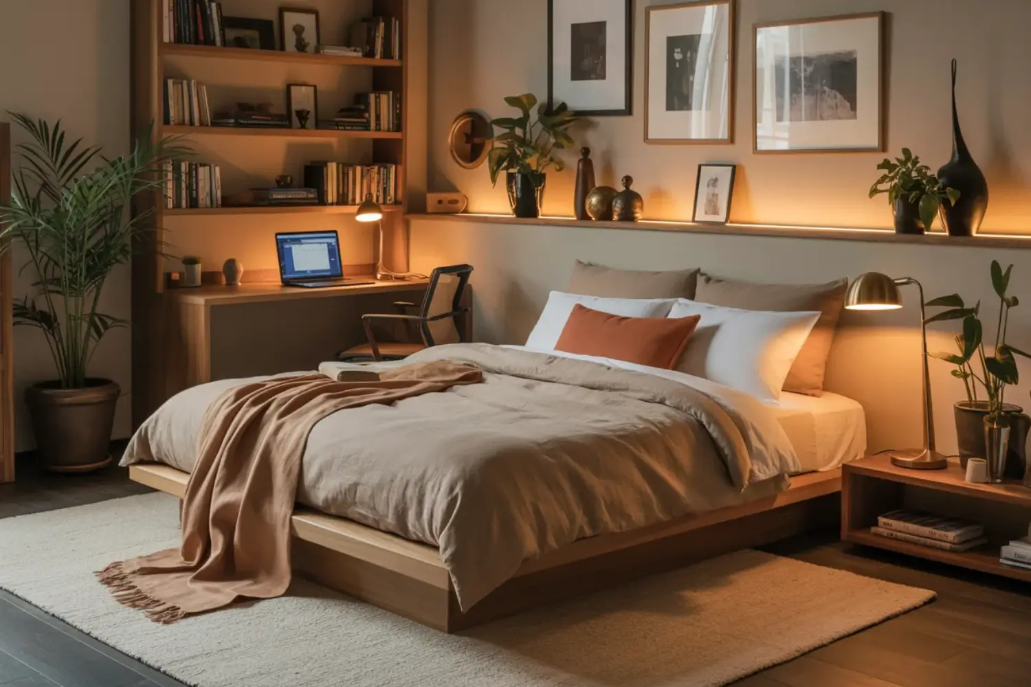 Studio apartment bedroom corner styled as a warm work-from-bed zone with a low bed, partial divider and a small desk nearby.