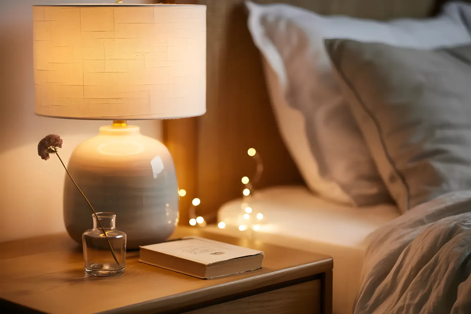 Close-up of a cozy bedside setup with a ceramic lamp, linen shade and fairy lights in the background.