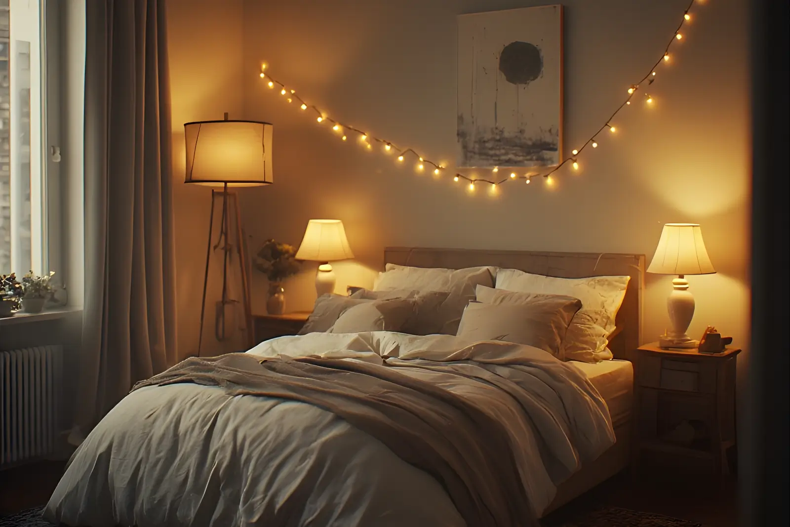 Cozy small apartment bedroom with layered warm lighting from a floor lamp, bedside lamps and subtle fairy lights.