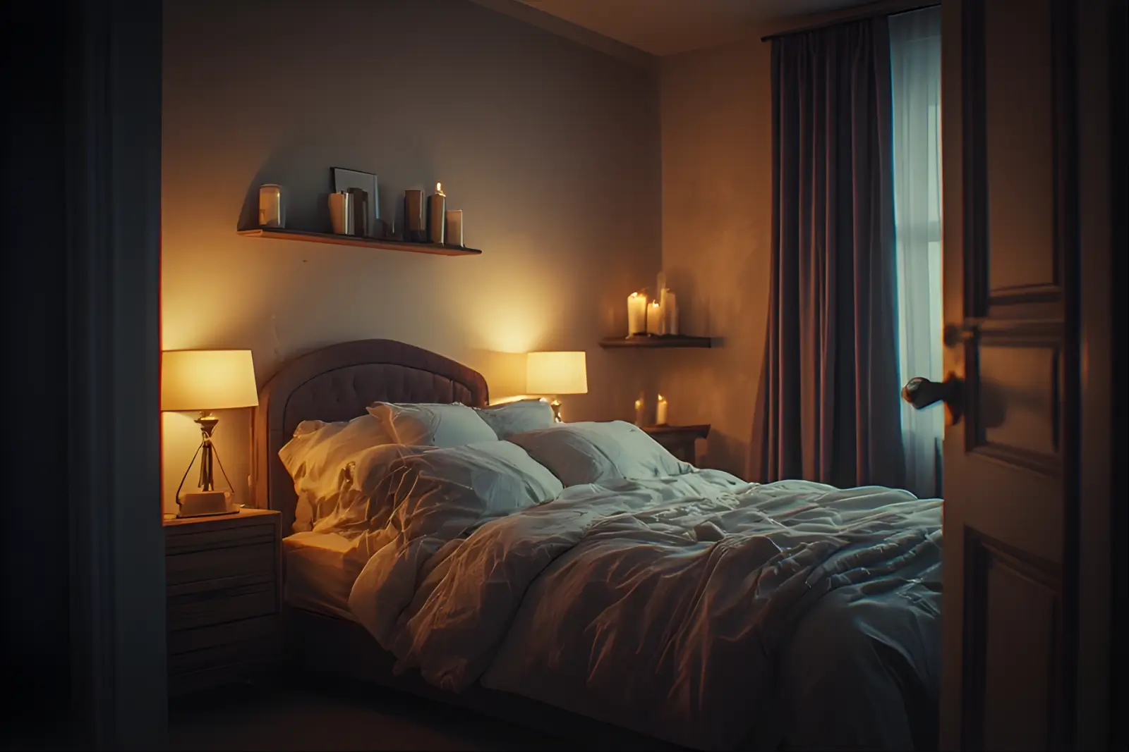 Moody cozy small bedroom with cream bedding, deep plum curtains and warm brass lamps.