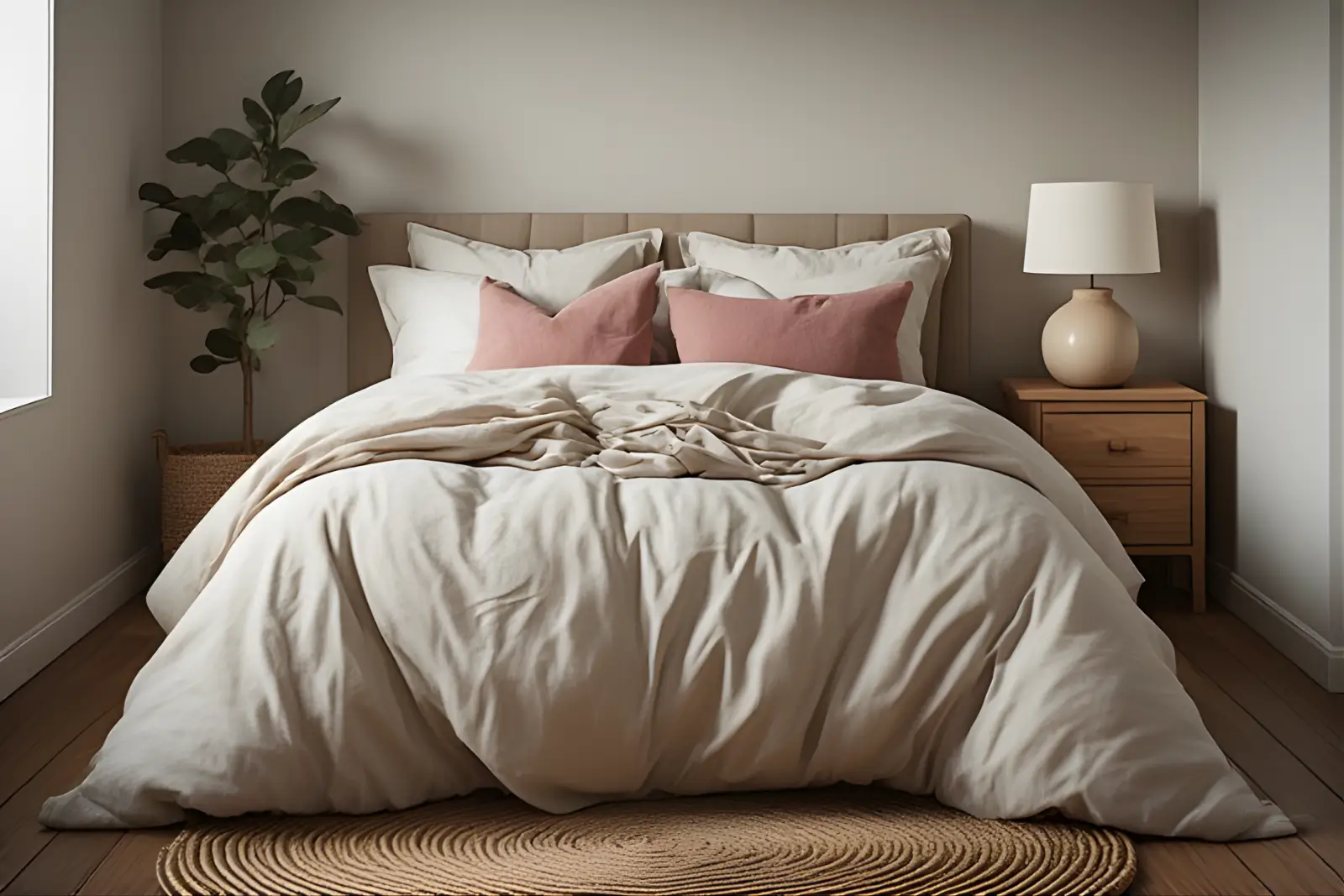 Warm neutral small bedroom with oatmeal bedding, blush cushions and a jute rug.