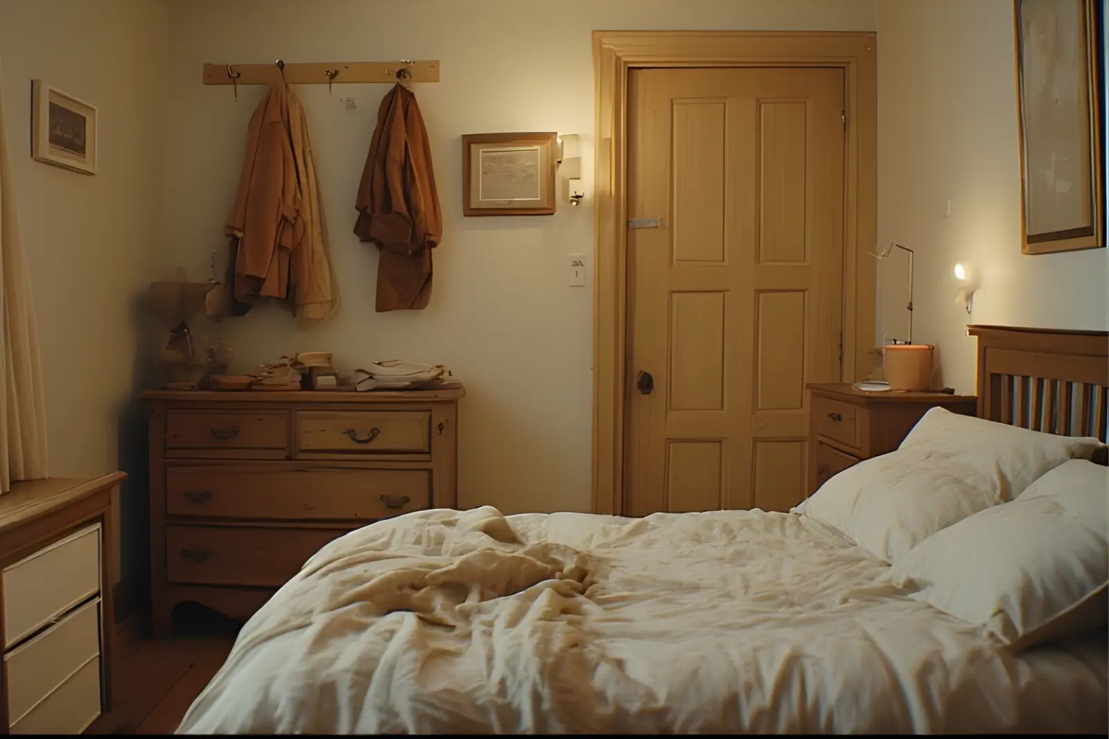 Cozy small rental bedroom with a simple bed, slim dresser, hooks and subtle under-bed storage.