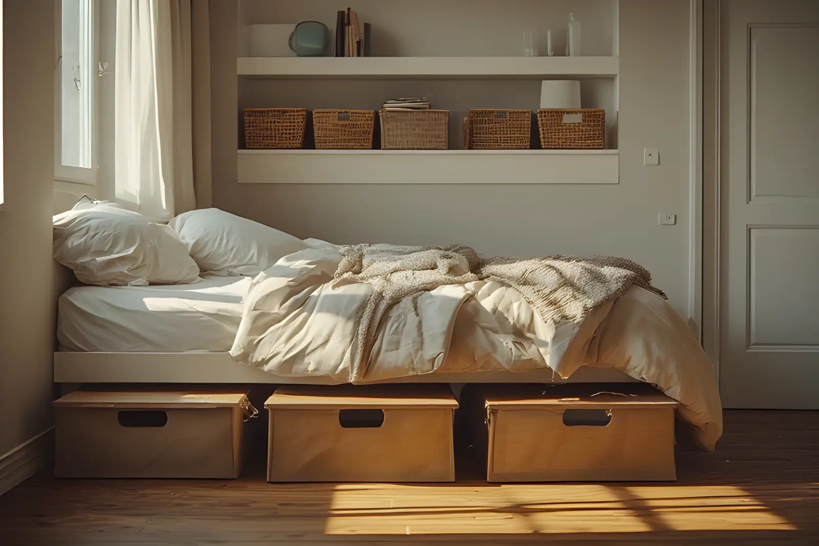 Small bedroom with neat under-bed storage boxes and a slim shelf with baskets above the door.