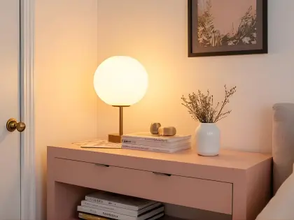Styled small apartment corner with art, lighting and warm colors