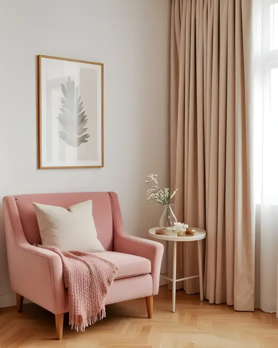 Cozy small apartment living area styled in blush and beige tones