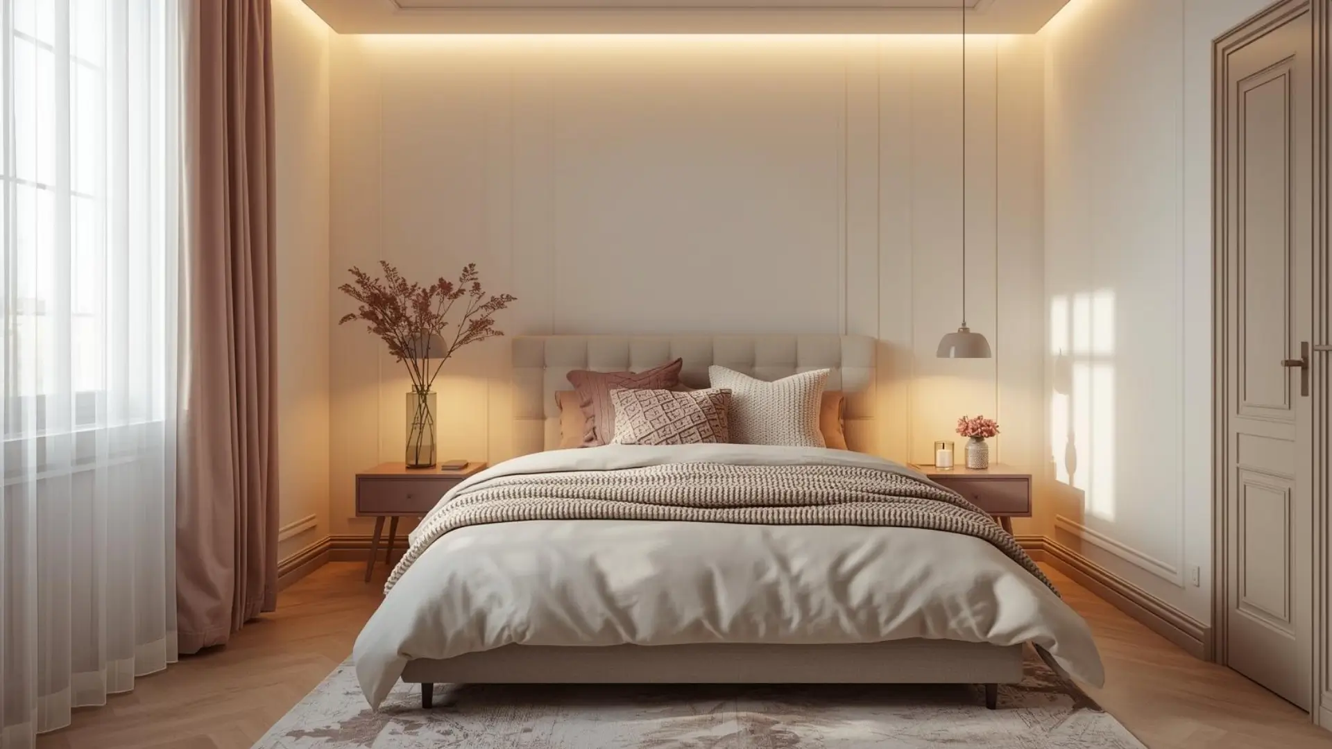 Cozy feminine small bedroom with layered textiles and warm lighting for a calm aesthetic.