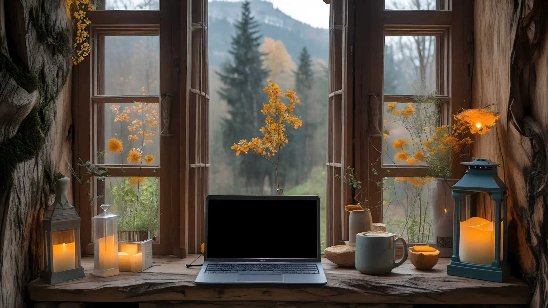Soft feminine studio workspace with desk, laptop and flowers