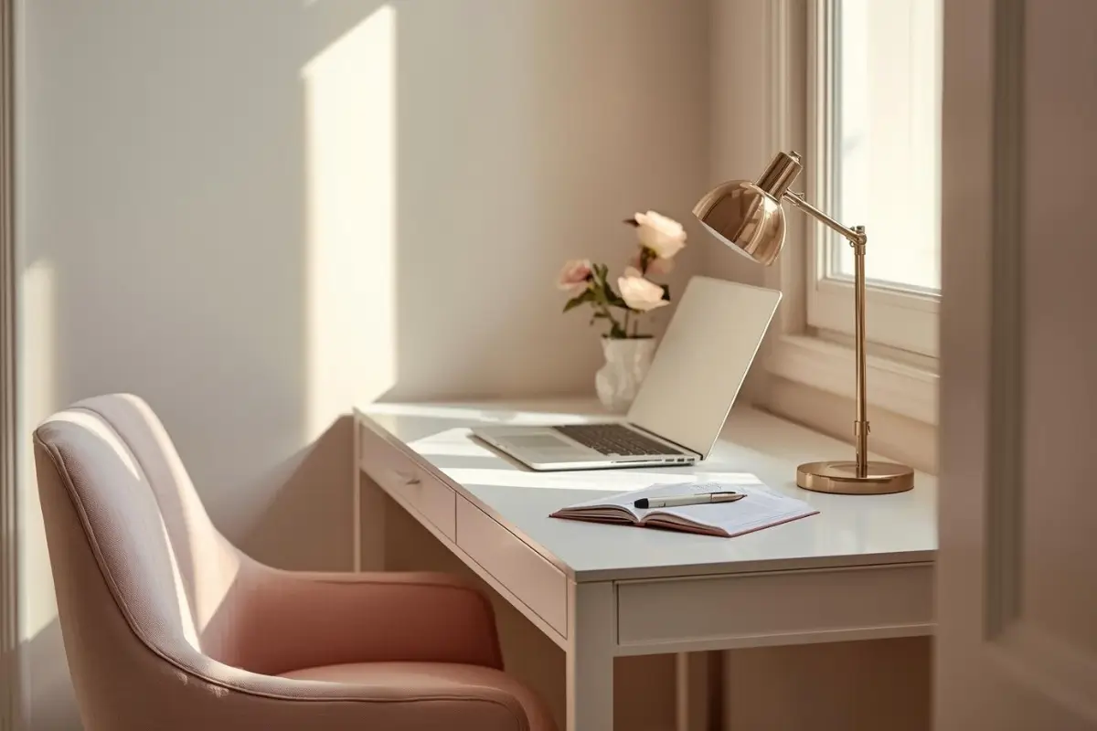 Soft feminine desk scene styled with warm lighting