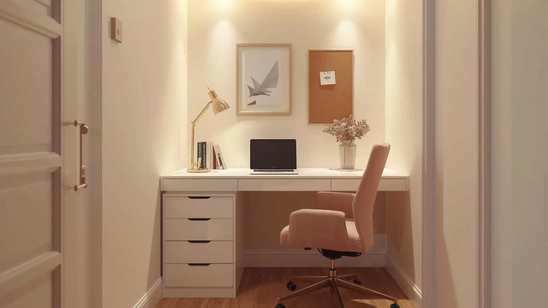 Feminine home office desk with laptop, soft lighting and styled shelves in a small apartment.