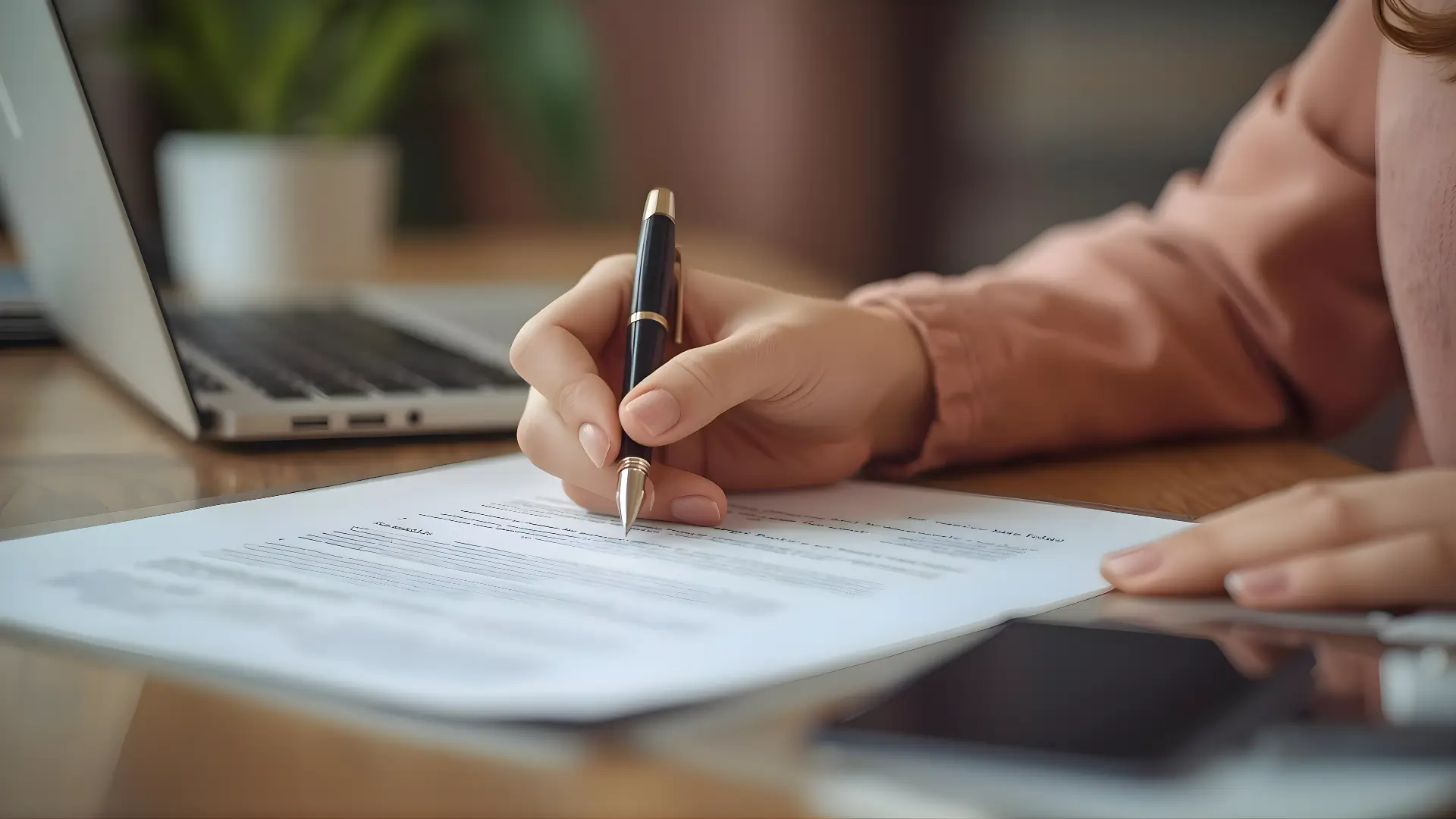 Feminine workspace with documents, laptop and a cup of coffee on the desk
