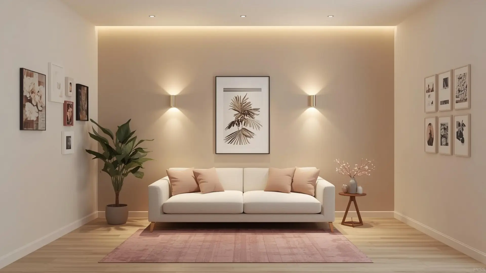 Small apartment living room with a styled hero wall, framed art and soft neutral paint colours.