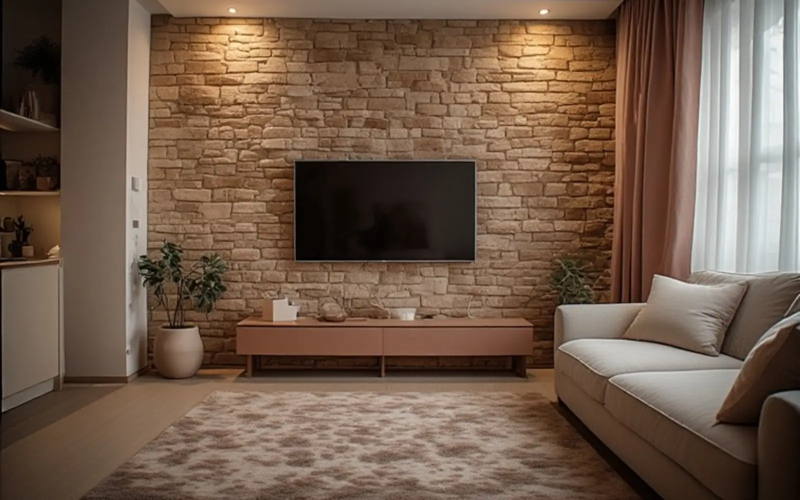 Tiny apartment living room with a wall-mounted TV and a low slim media unit in a warm neutral tone, styled softly without dominating the room.