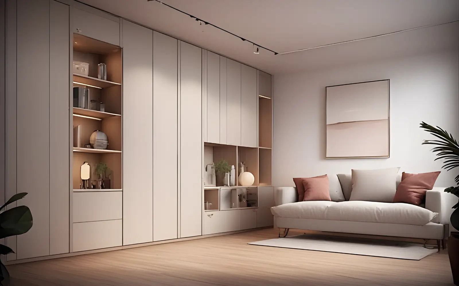 Feminine small apartment living room with one calm storage wall of closed cabinets on one side and a light, open wall with a slim sofa and art on the opposite side.