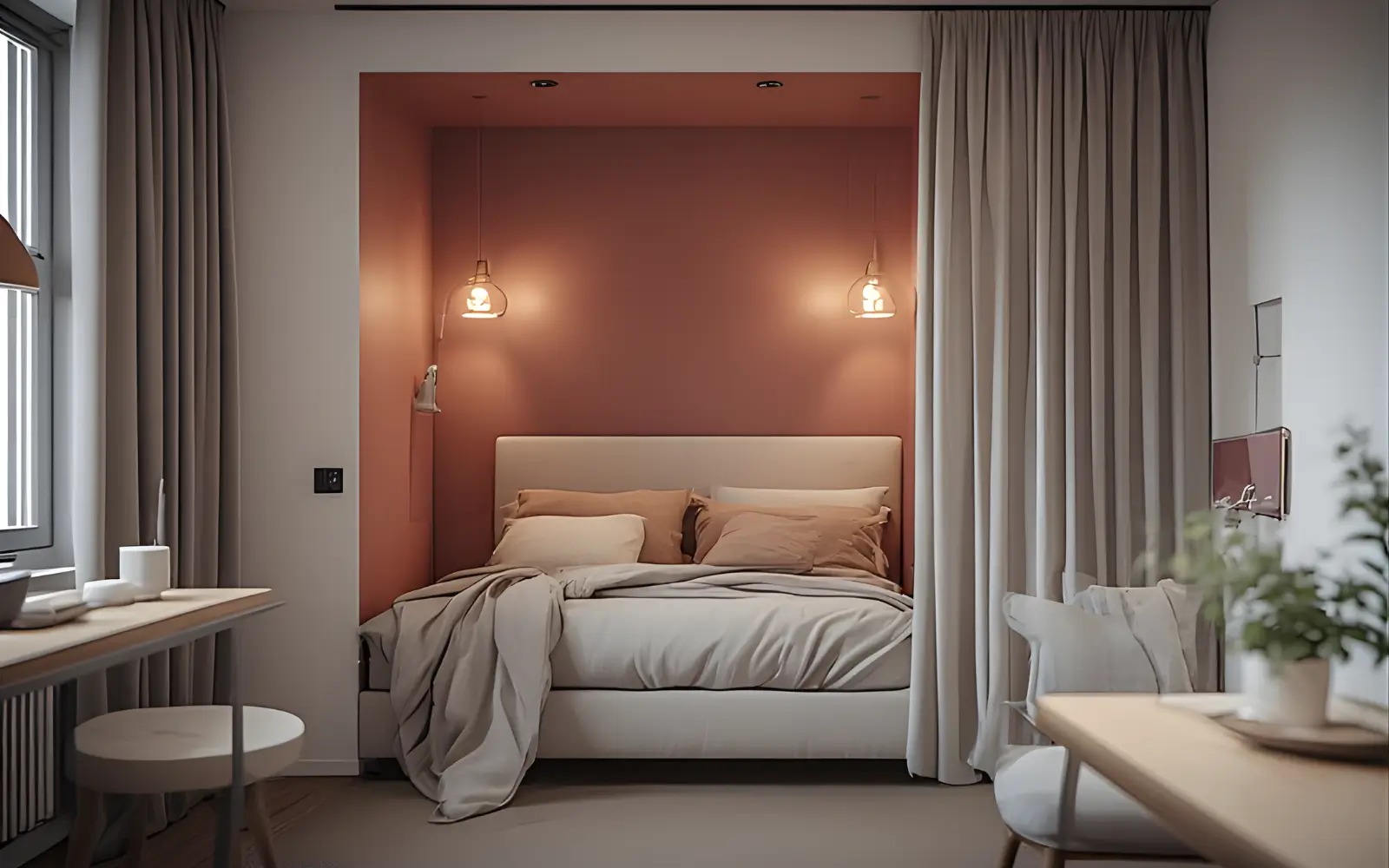 Small studio apartment with a double bed tucked into a deep alcove painted in a dusty rose tone, with soft sconces and a curtain track turning it into a separate bedroom niche.