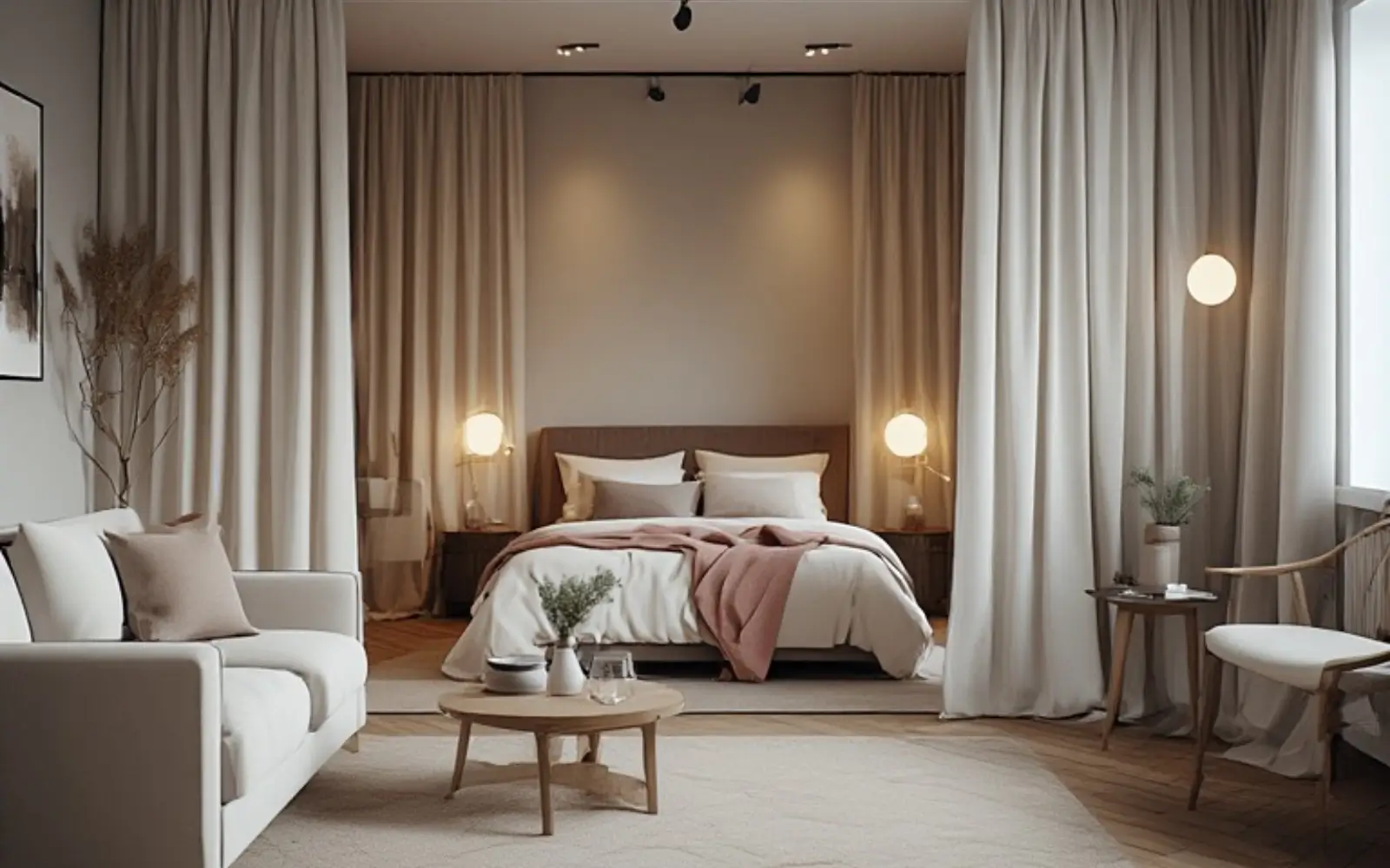 Feminine small studio apartment where the bed sits behind soft off-white floor-to-ceiling curtains on a ceiling track, with a cozy living area in front and warm layered lighting.