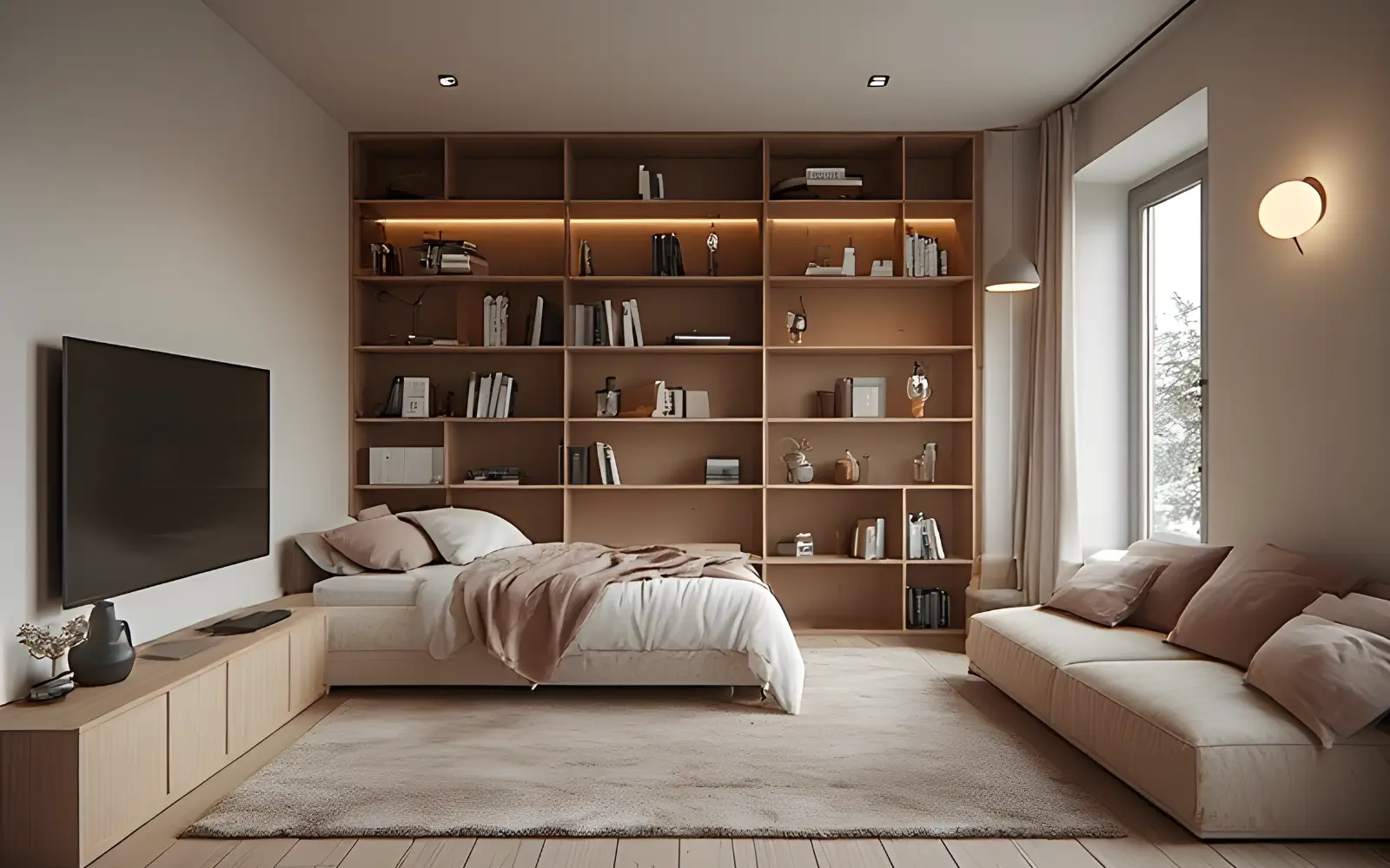 Long narrow studio apartment with a bed at the quieter window end, a rug under the bed and a low open shelf divider separating the sleep zone from the sofa and media unit.