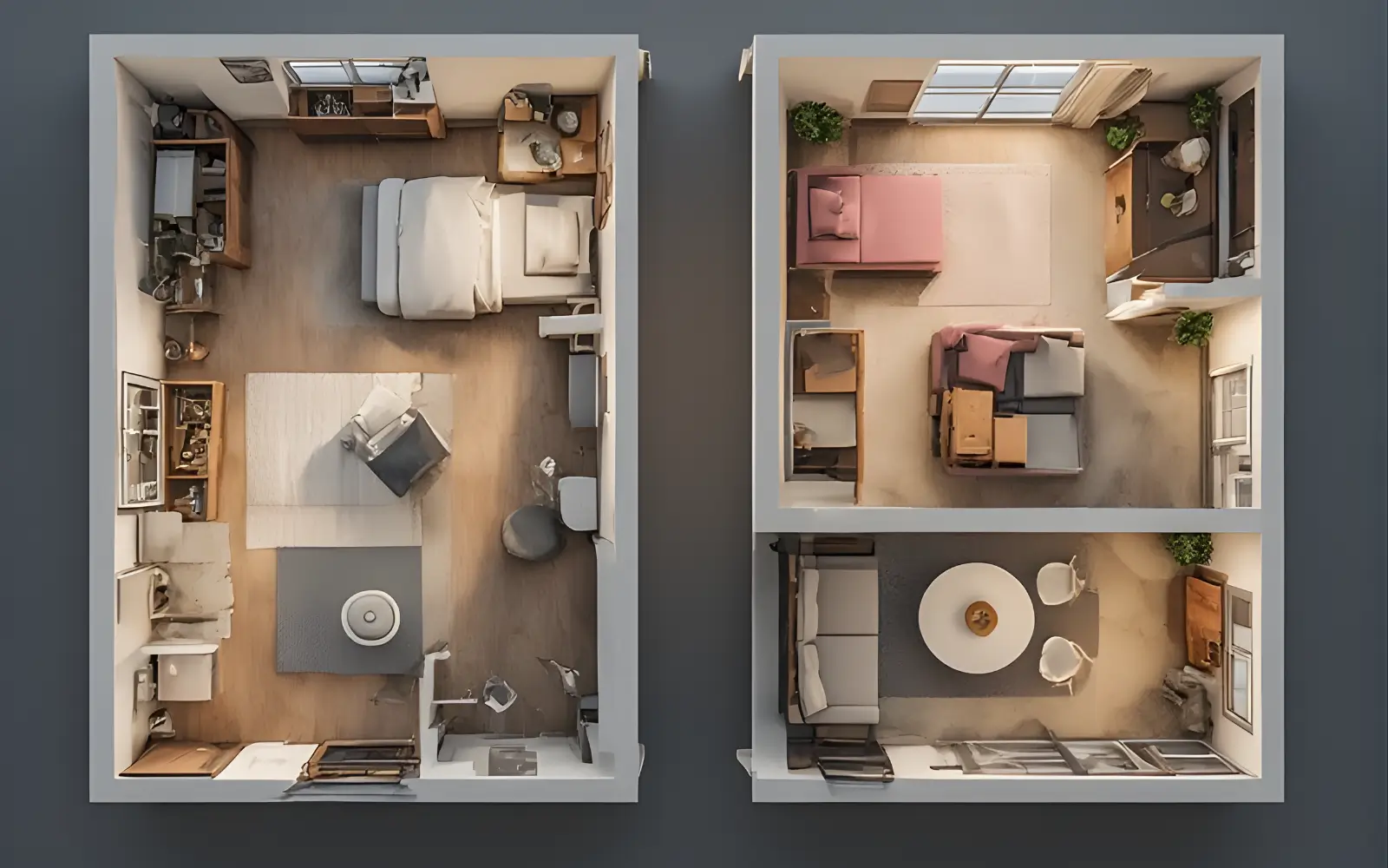Before-and-after overhead diagrams of a 35 square metre studio, showing furniture against the walls in the before layout and clearly defined sleep, lounge and dining zones in the after layout.