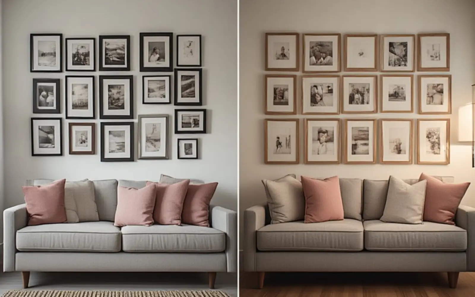 Side-by-side comparison above a small sofa, with mismatched frames and spacing on the left and a calm, cohesive gallery of light wood frames with white mats on the right.