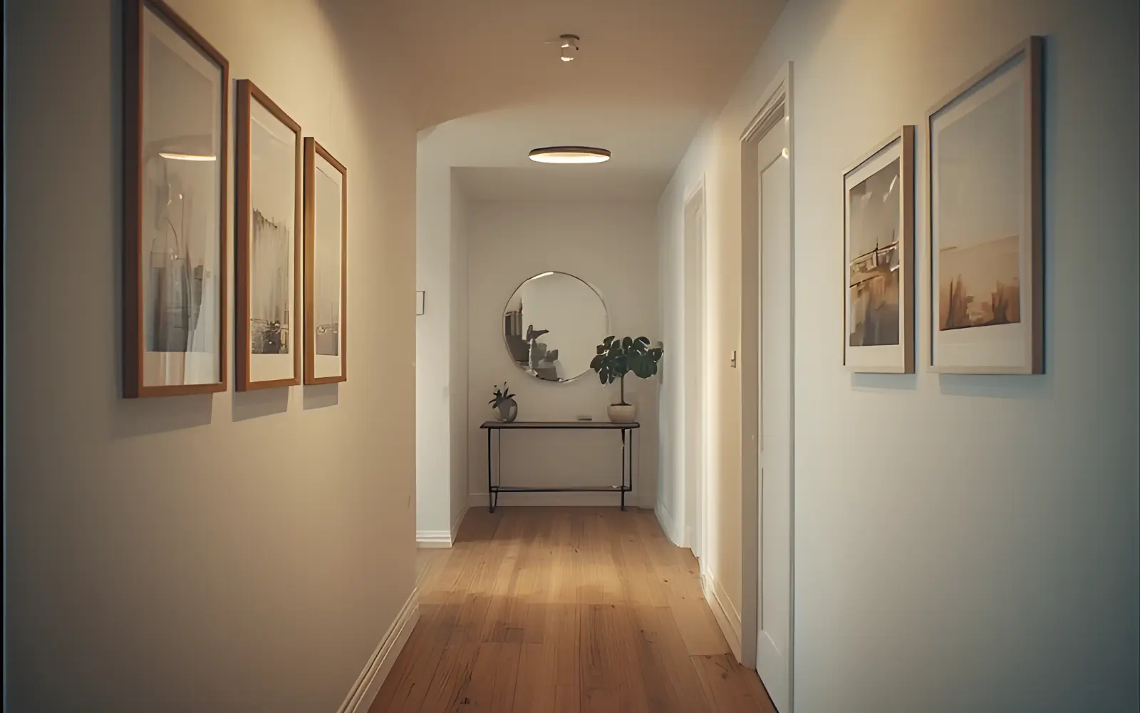 Narrow hallway with a vertical column of three small matching frames on the wall and a round mirror above a slim console at the far end.