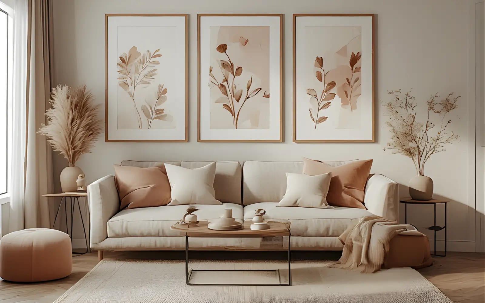 Small feminine living room with a neutral sofa and a three-print gallery above it, framed in light wood with white mats and spaced evenly to read as one composition.