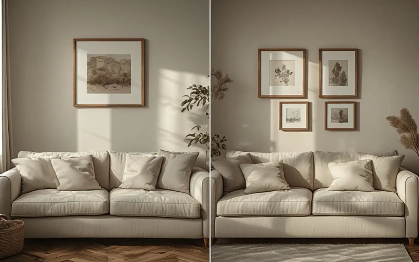 Split view of a small living room: on the left a tiny print is hung too high above a wide sofa and the wall looks empty, on the right a three-print gallery at correct width and height anchors the same sofa.