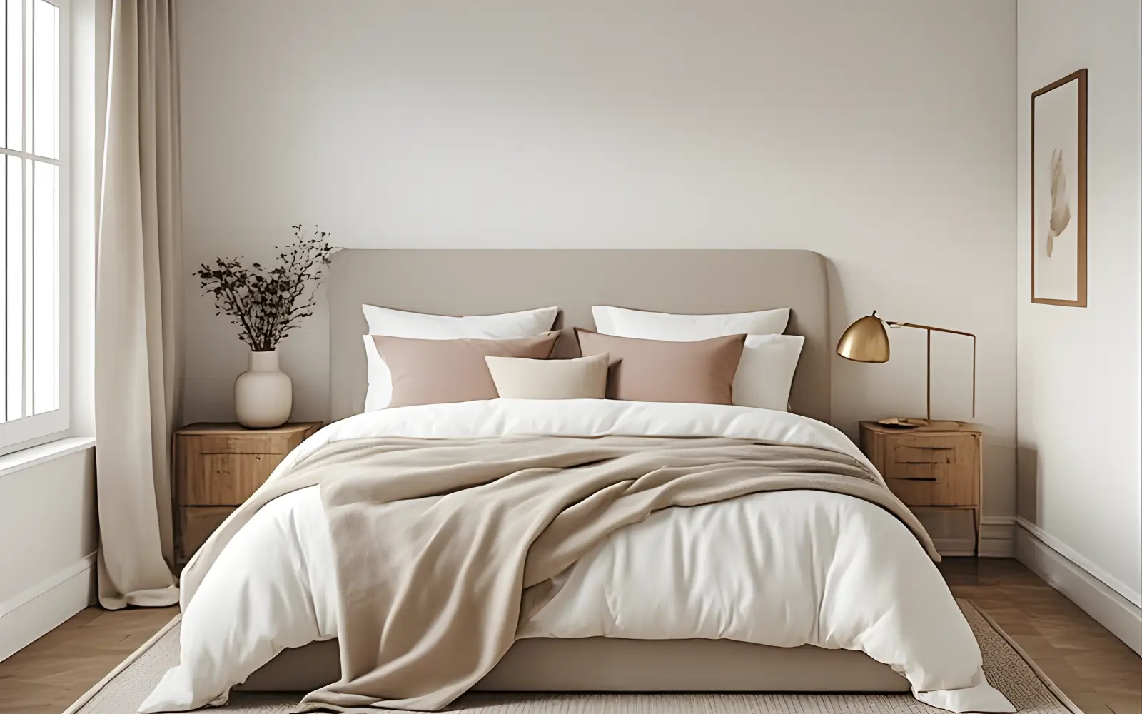 Small feminine bedroom with soft warm white walls, a slightly deeper greige headboard wall and blush linen textiles creating a calm, cohesive palette.