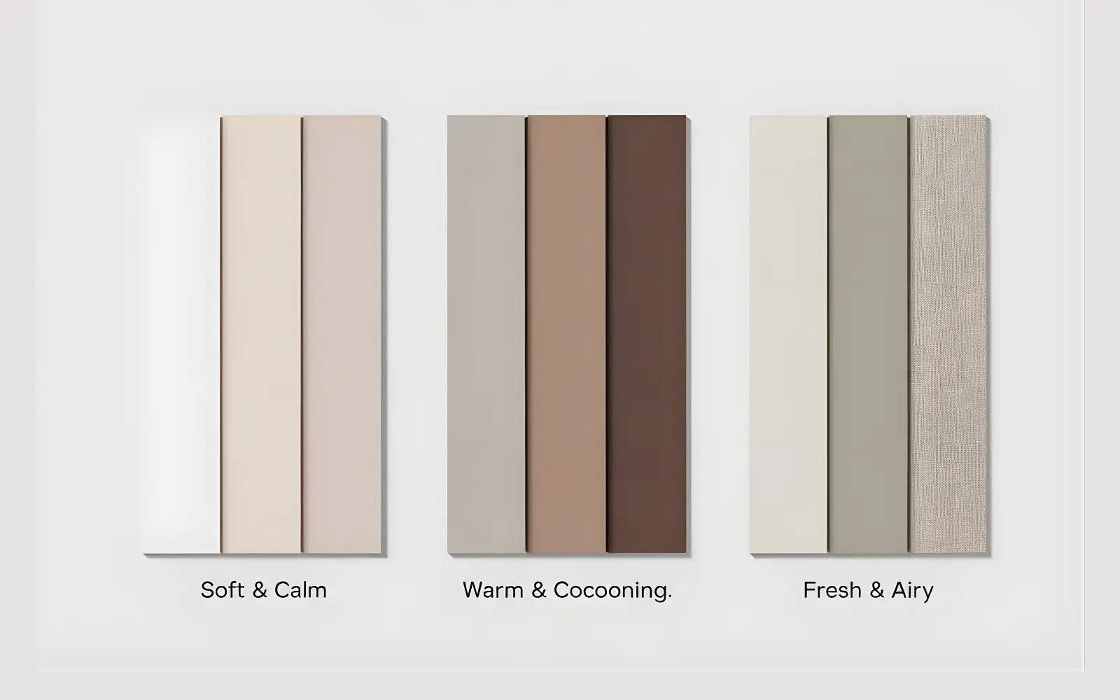 Editorial mood board showing three small-apartment colour palettes: soft neutrals with blush, greige with taupe and deep chocolate, and sage with sand and linen.