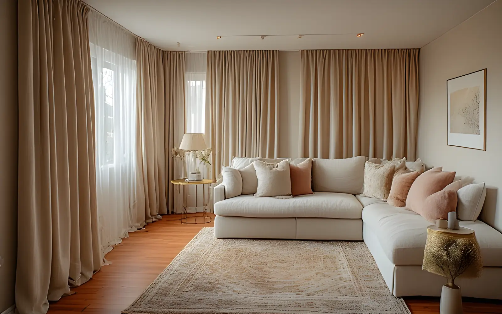 Small rental living room with landlord beige walls softened by wall-to-wall cream curtains, a large neutral rug and a greige sofa with blush accents.