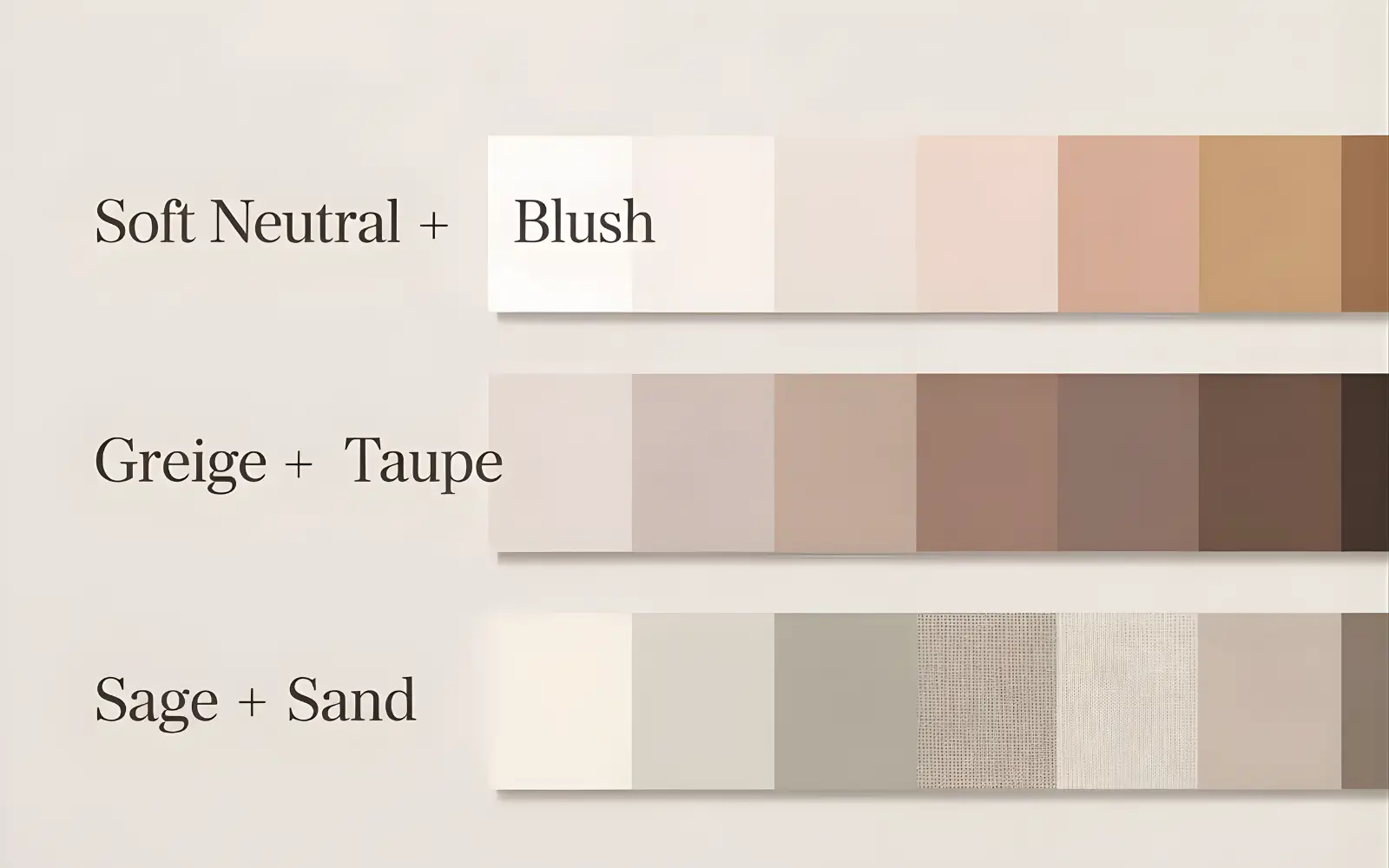 Three horizontal strips showing soft neutral plus blush, greige plus taupe, and sage plus sand palettes for a cohesive small apartment.