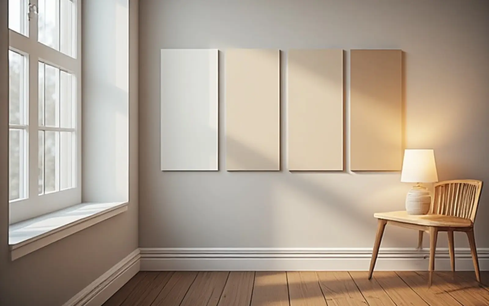 Small-apartment wall with three large warm-neutral paint swatches tested above a warm wood floor, shifting slightly between cool daylight and warm lamp light.