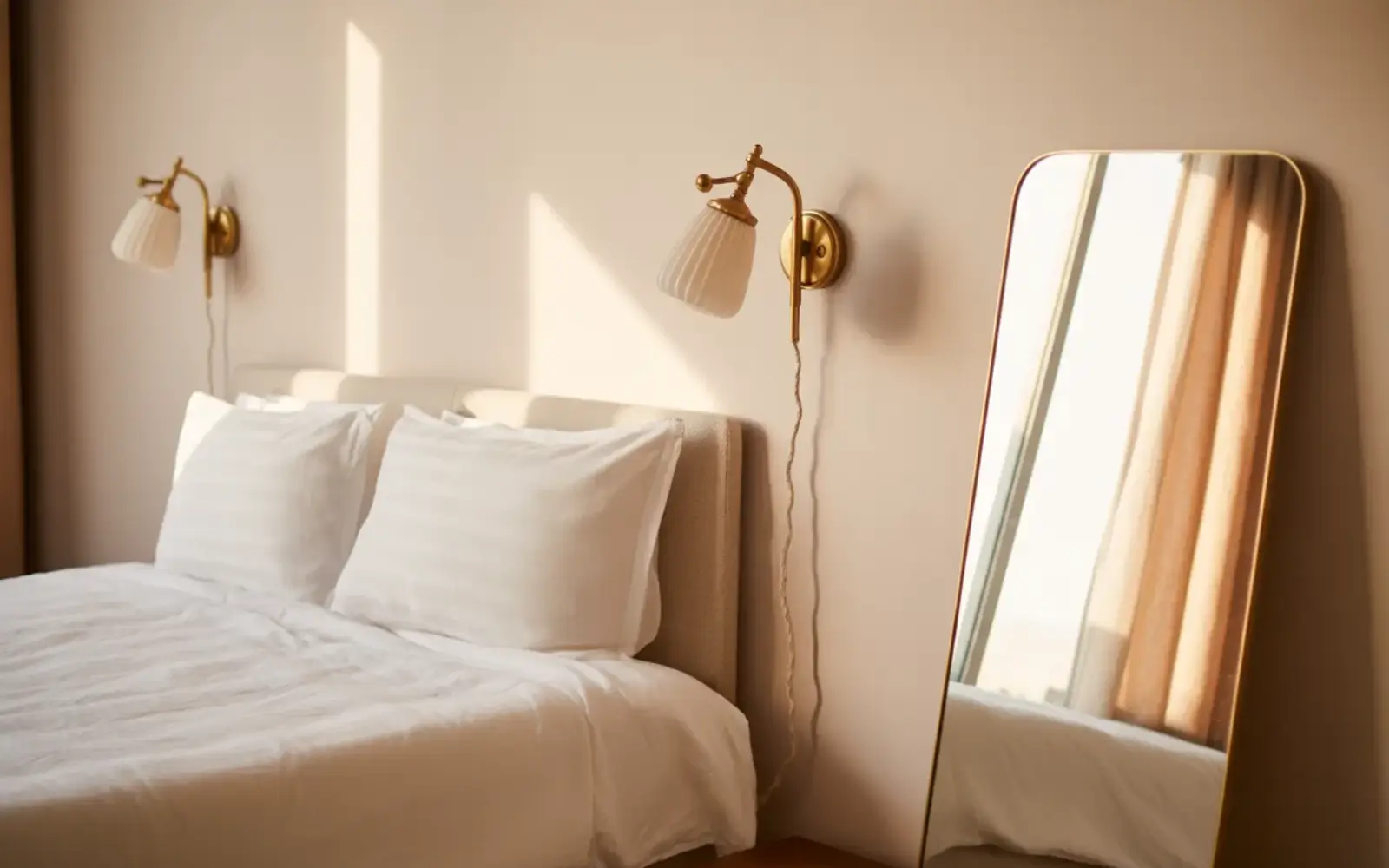 Small rental bedroom corner with two plug-in wall sconces flanking the bed and a tall leaning mirror reflecting soft light.