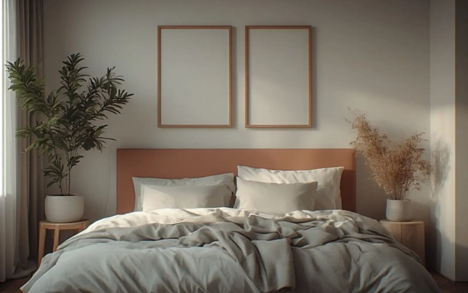 Small rental bedroom with a soft painted rectangular panel behind the bed, slightly wider than the headboard, with warm linen bedding and light wood details.