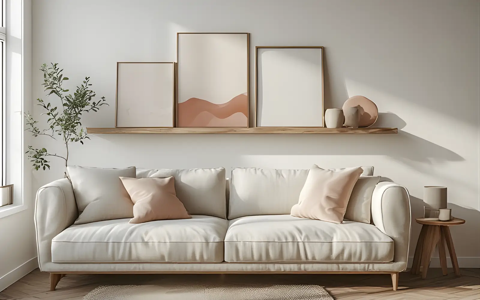 Small feminine rental living room with a long picture ledge above a linen sofa, styled with soft neutral art and a trailing plant.