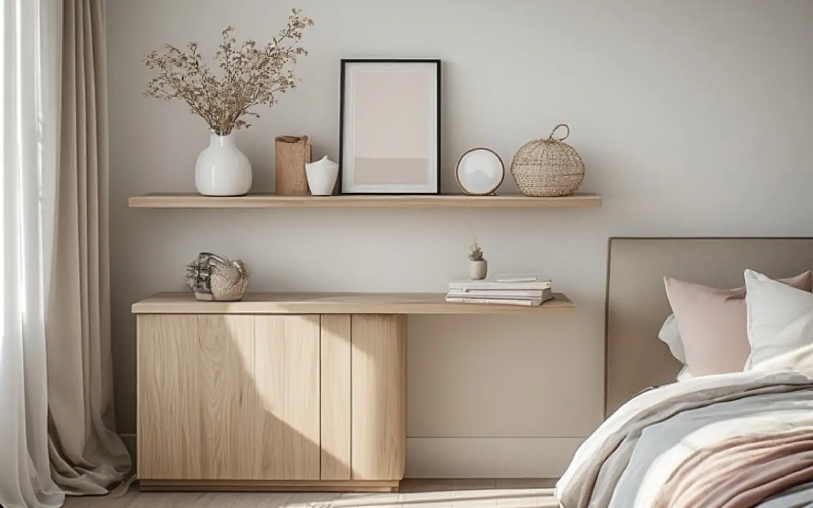 Small apartment storage wall with a slim closed cabinet and a simple shelf above, styled with a few coordinated decor pieces and art.