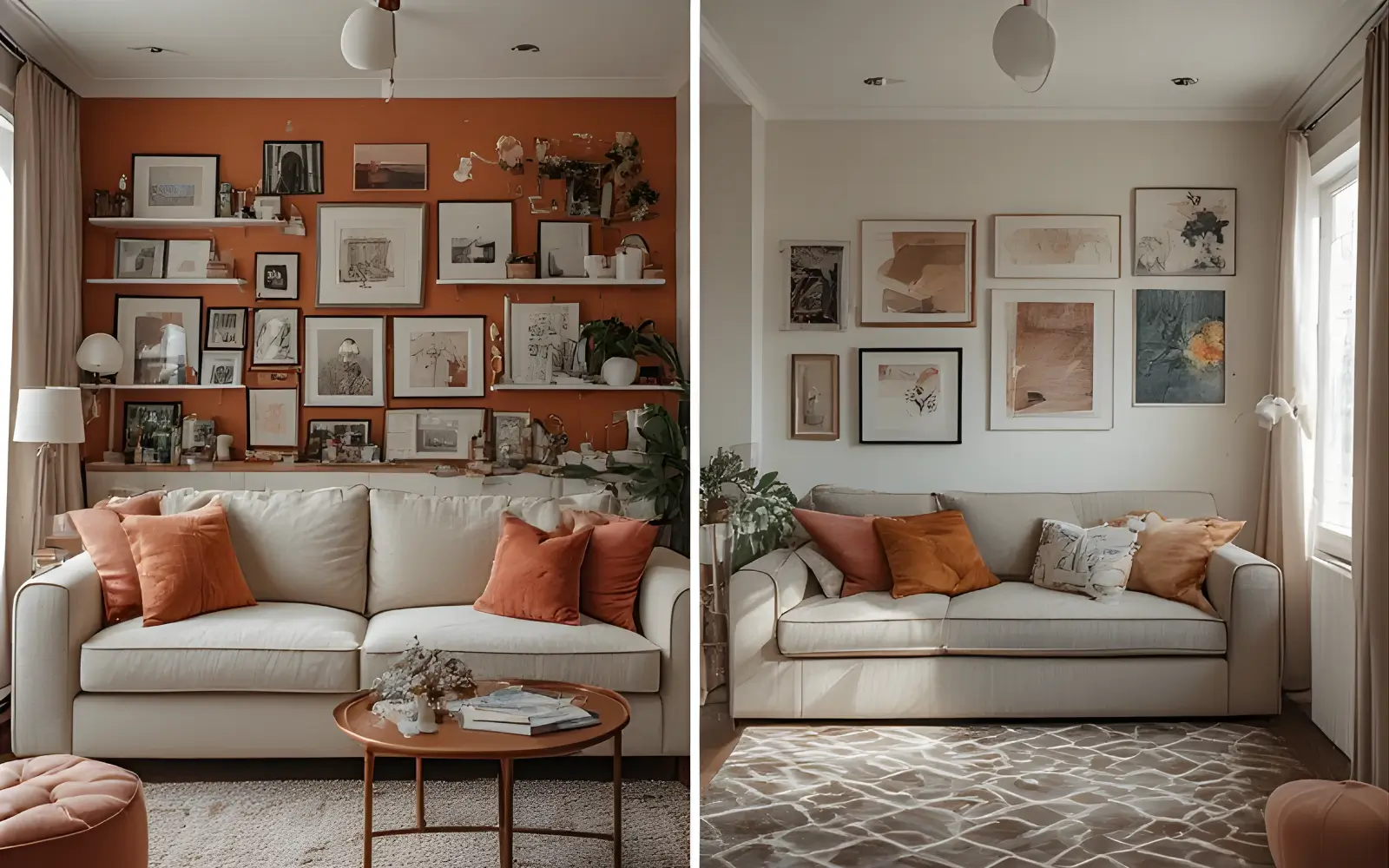 Side-by-side comparison of a small living room with busy decor on every wall versus a calmer version with one feature wall, one storage wall and two quiet walls.