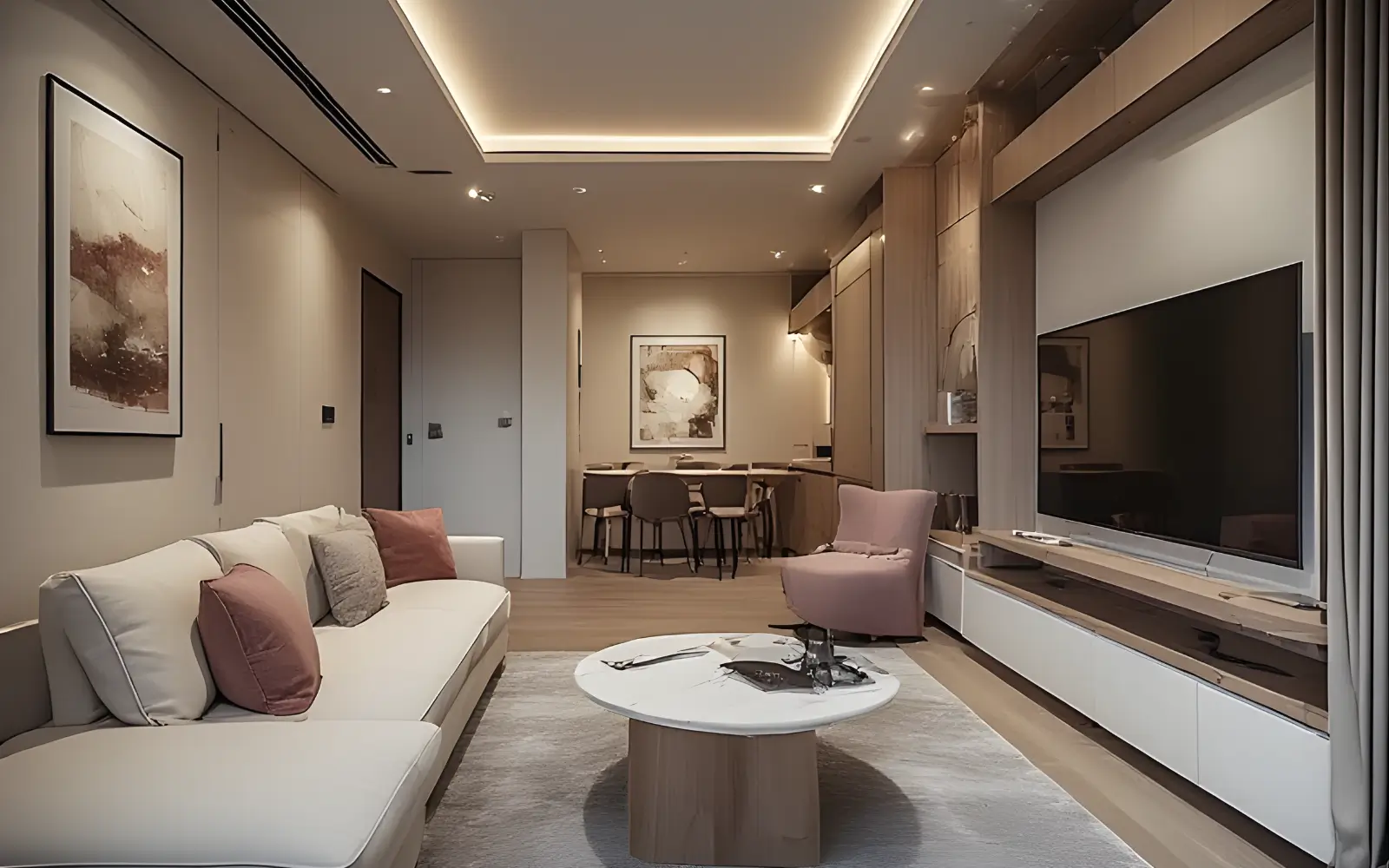 Small feminine living room where one wall acts as a feature wall, another as a storage wall and a third as a calm wall, all in soft warm neutrals.