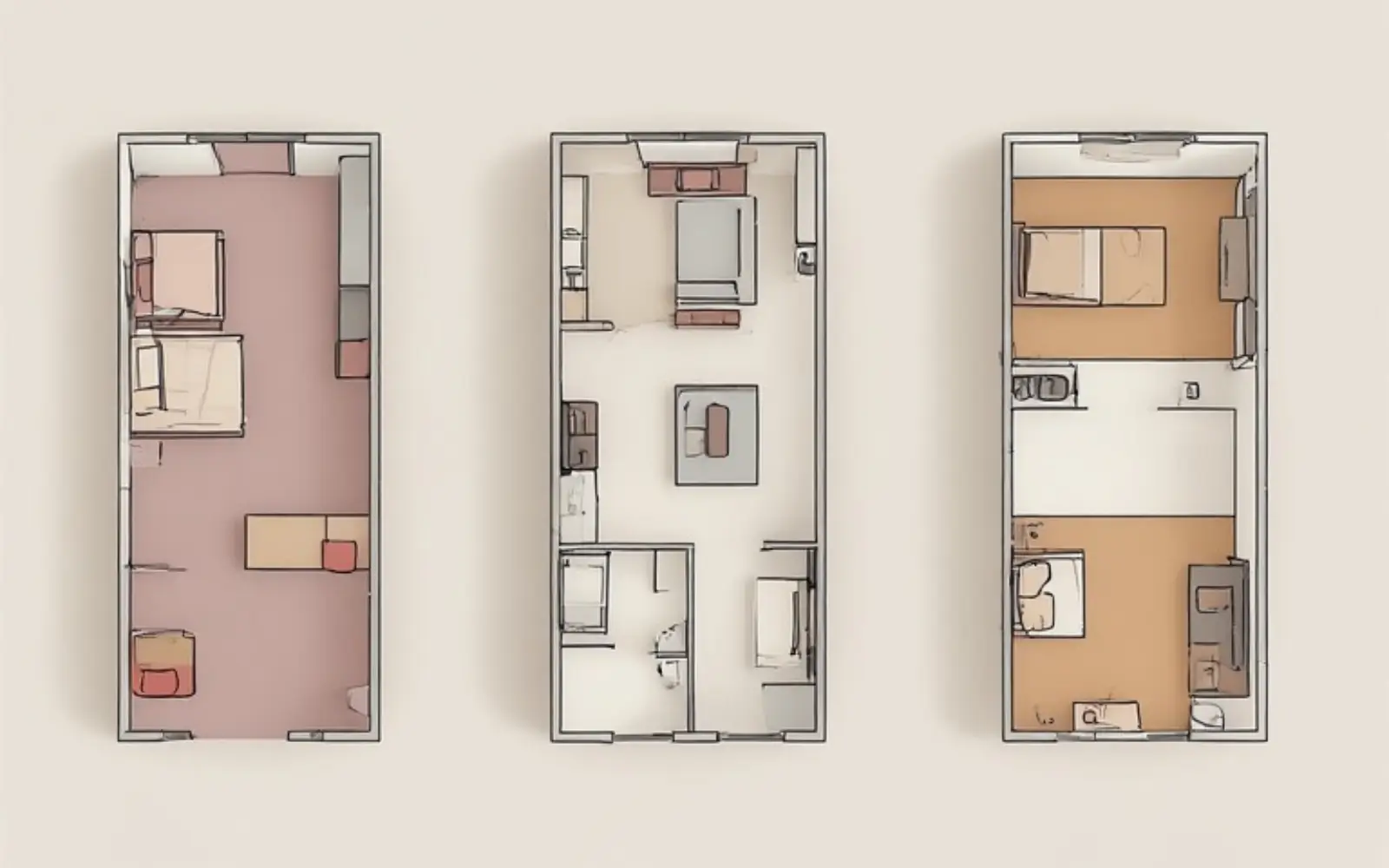 Three overhead mini-layout diagrams showing how wall roles work in a small bedroom, a compact living room and a studio apartment.