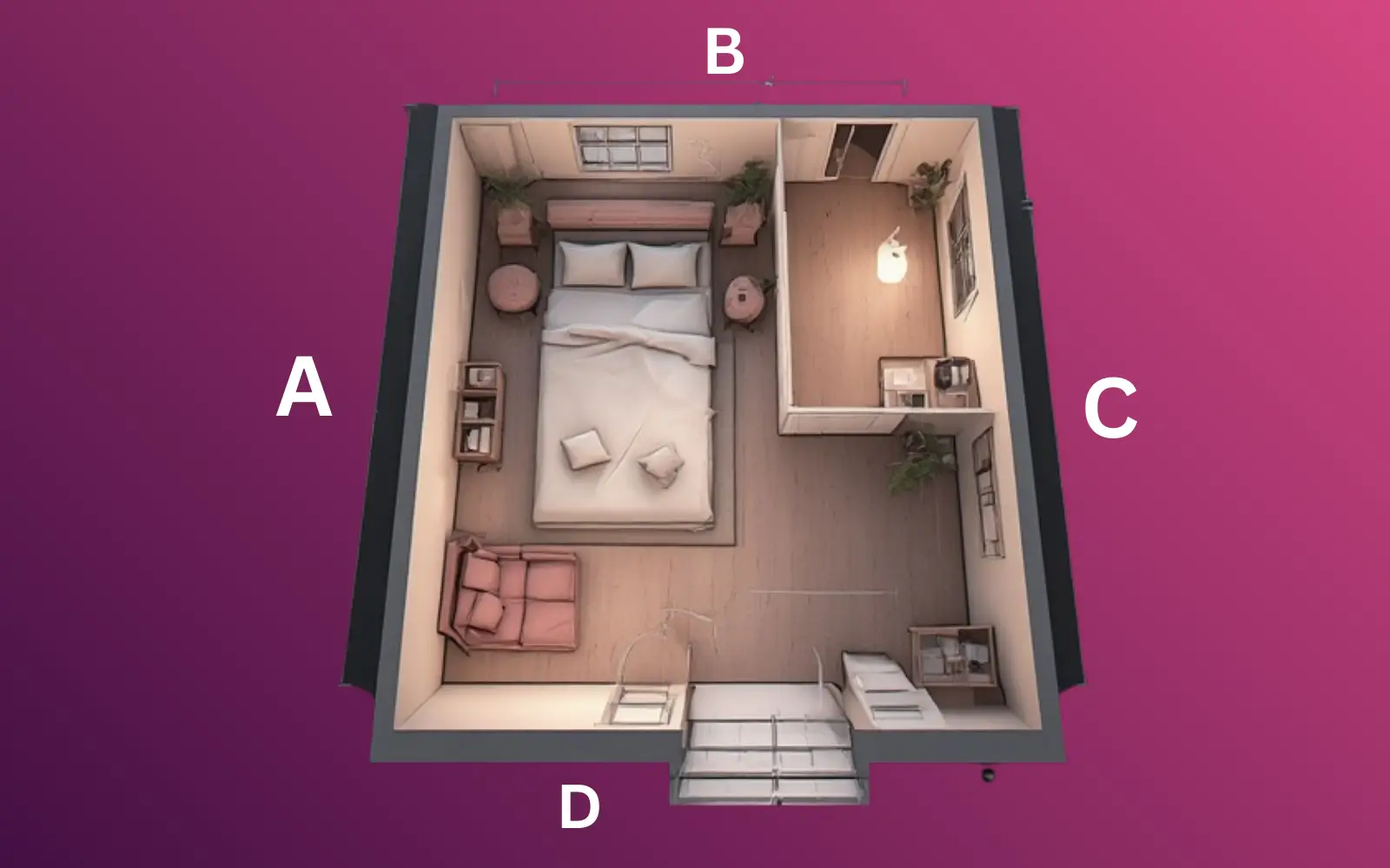 Overhead sketch of a small room with walls labeled A, B, C and D, showing window, door and furniture positions to make wall roles easier to plan.