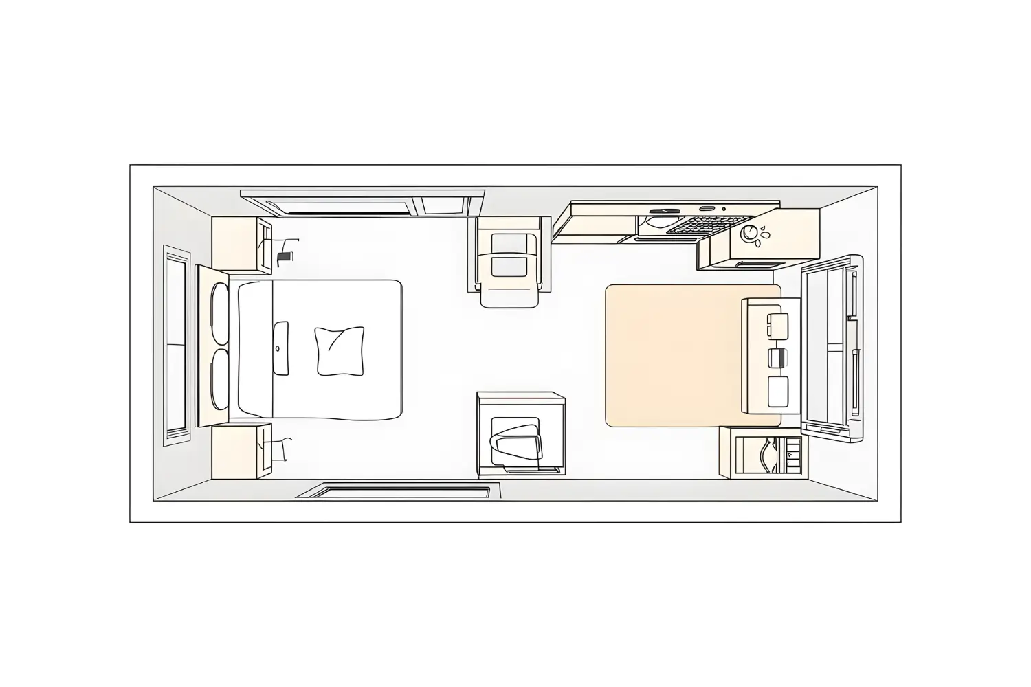 Overhead sketch of a small bedroom with the bed on one wall and a desk and chair on the opposite wall, creating two clear zones.