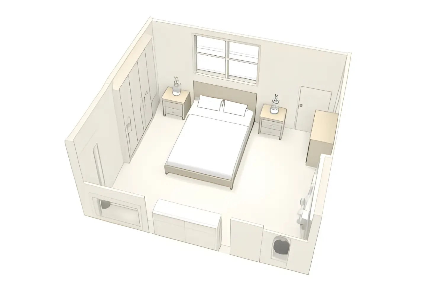 Overhead sketch of a small square bedroom with a bed centred under the window, two bedside tables, wardrobe on one wall and a small desk on another.