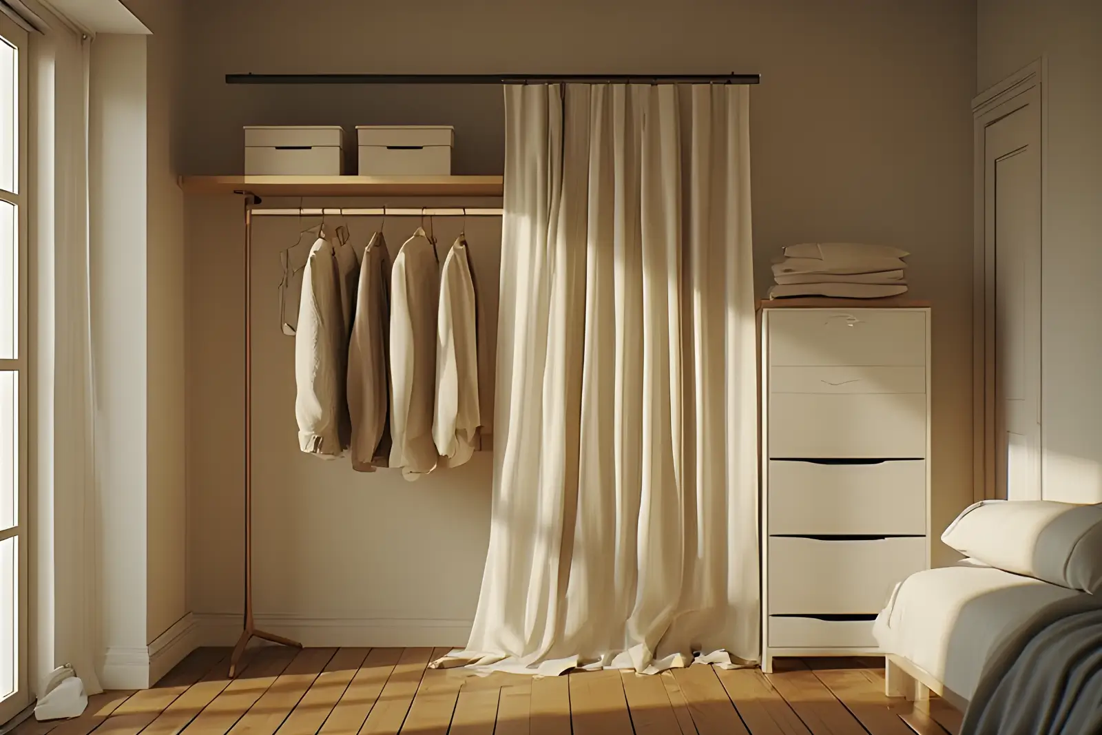 Small rental bedroom corner with a clothes rail, linen curtain and slim dresser creating an open wardrobe zone.