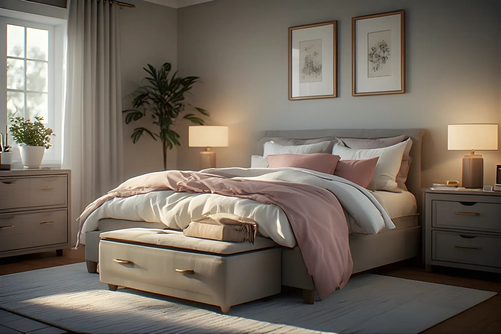 Small cozy bedroom with a storage bed, storage ottoman and slim bedside tables with drawers.